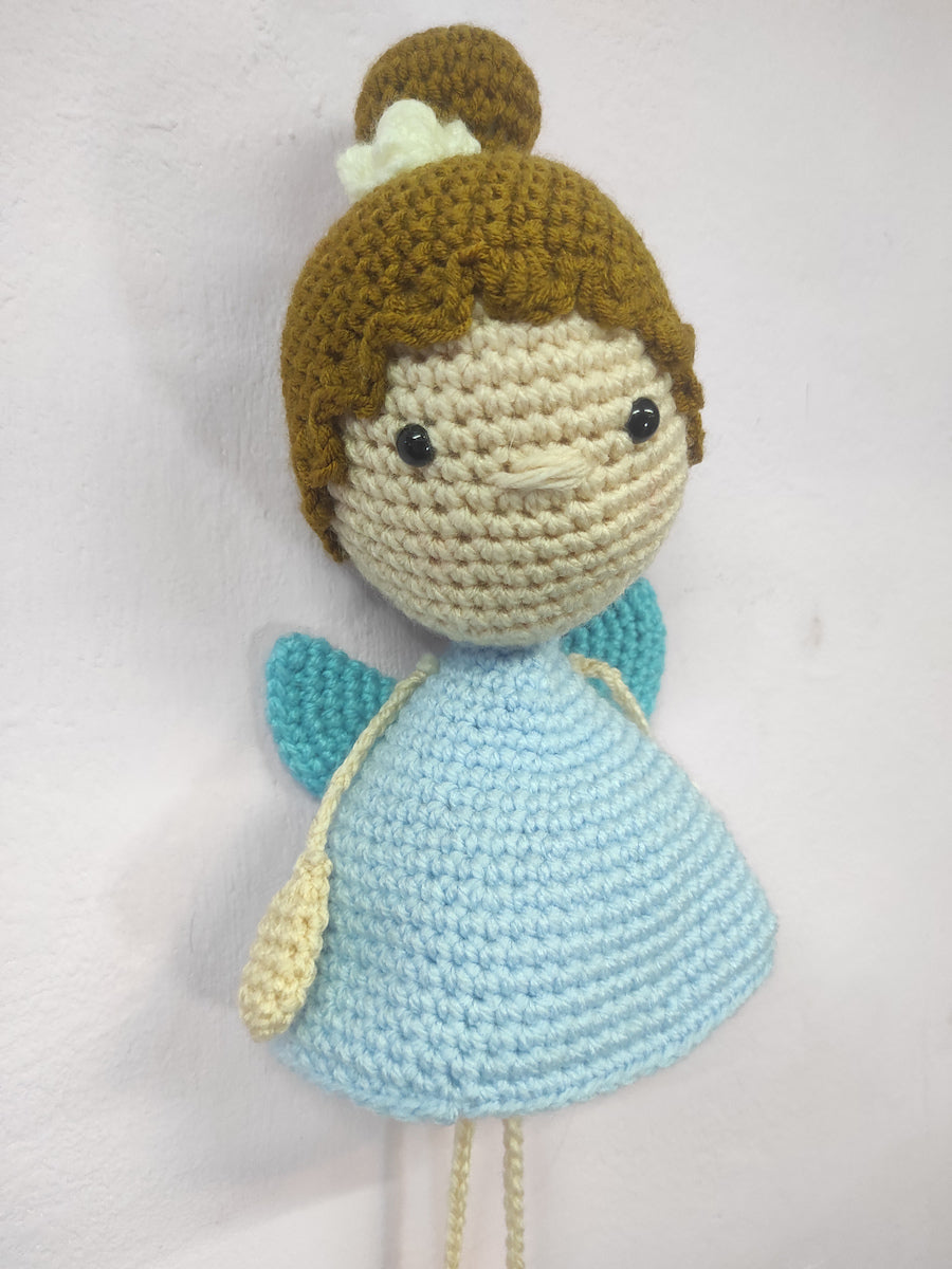 Χειροποίητο πλεκτό κουκλάκι Μπλε αγγελάκι με Ξανθά μαλλιά