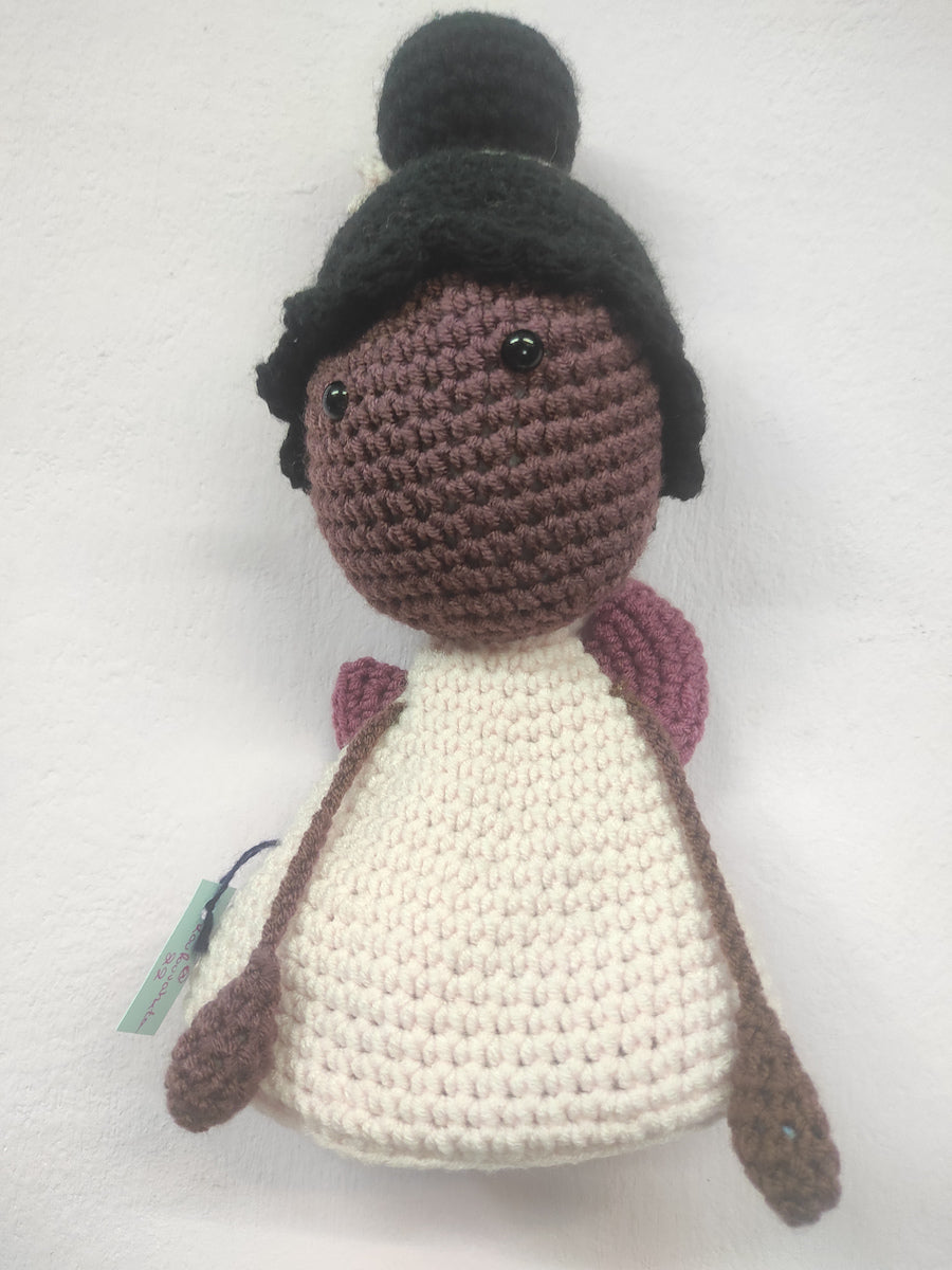 Χειροποίητο πλεκτό κουκλάκι ροζ αγγελάκι με Μαύρα μαλλιά